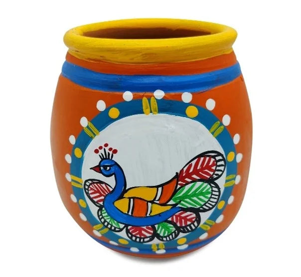 Madhubani Peacock Multi-Purpose Pot/Pen Stand – Black, Orange, Green, and Red