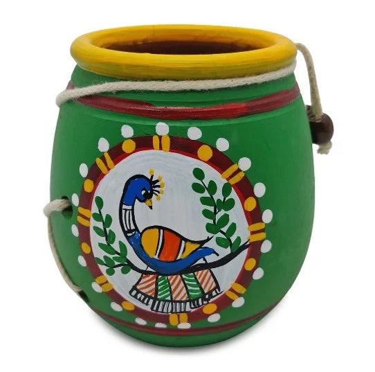 Madhubani Peacock Pot/Pen Stand with Green Dori Accent